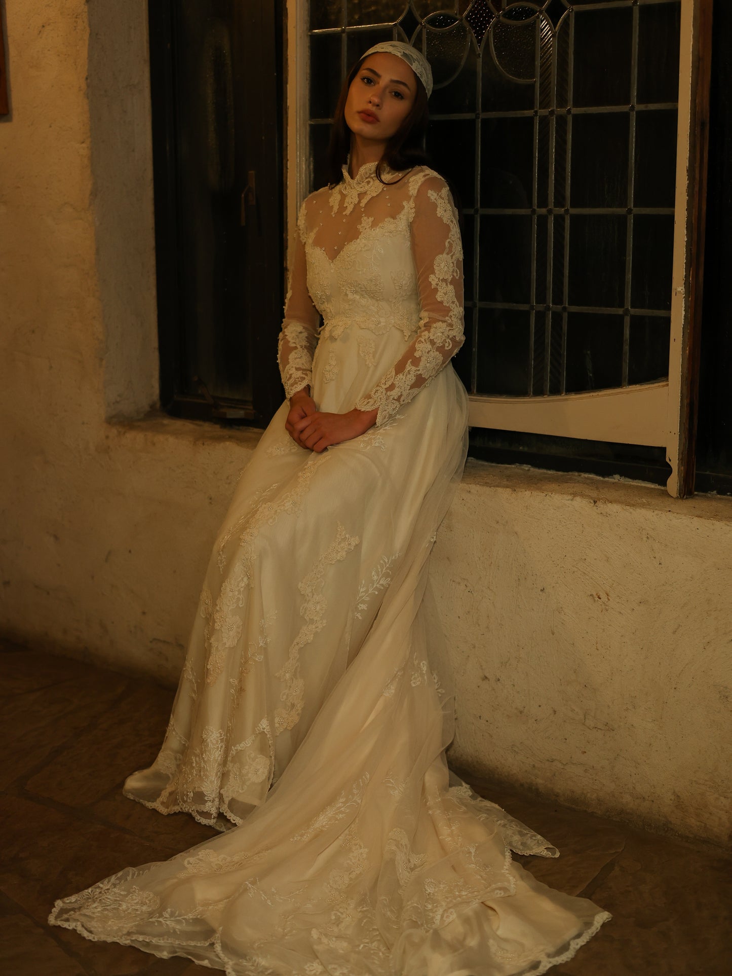 1960s Ivory Lace Wedding Dress with High Neck and Illusion Sleeves | Medieval Bridal Gown
