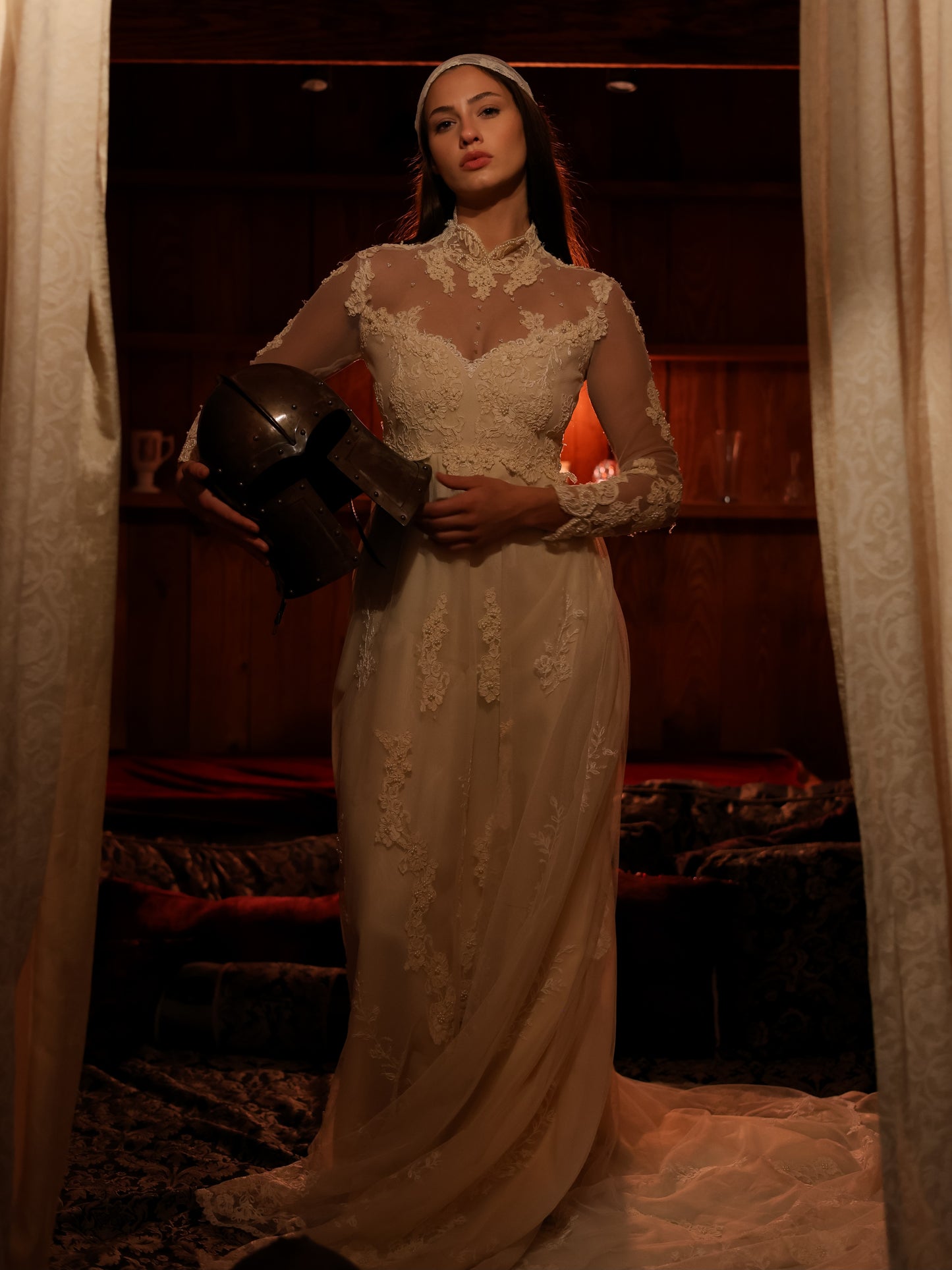 1960s Ivory Lace Wedding Dress with High Neck and Illusion Sleeves | Medieval Bridal Gown