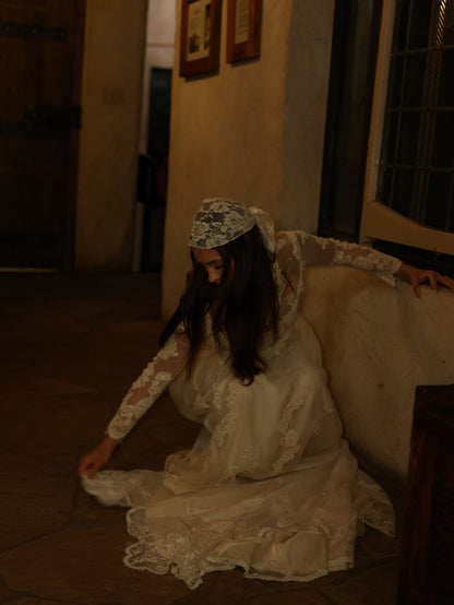 1960s Ivory Lace Wedding Dress with High Neck and Illusion Sleeves | Medieval Bridal Gown