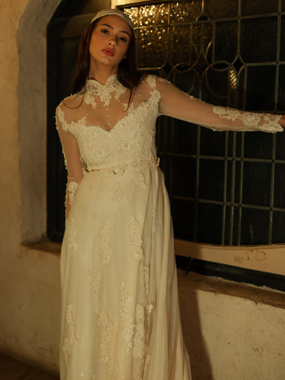 1960s Ivory Lace Wedding Dress with High Neck and Illusion Sleeves | Medieval Bridal Gown