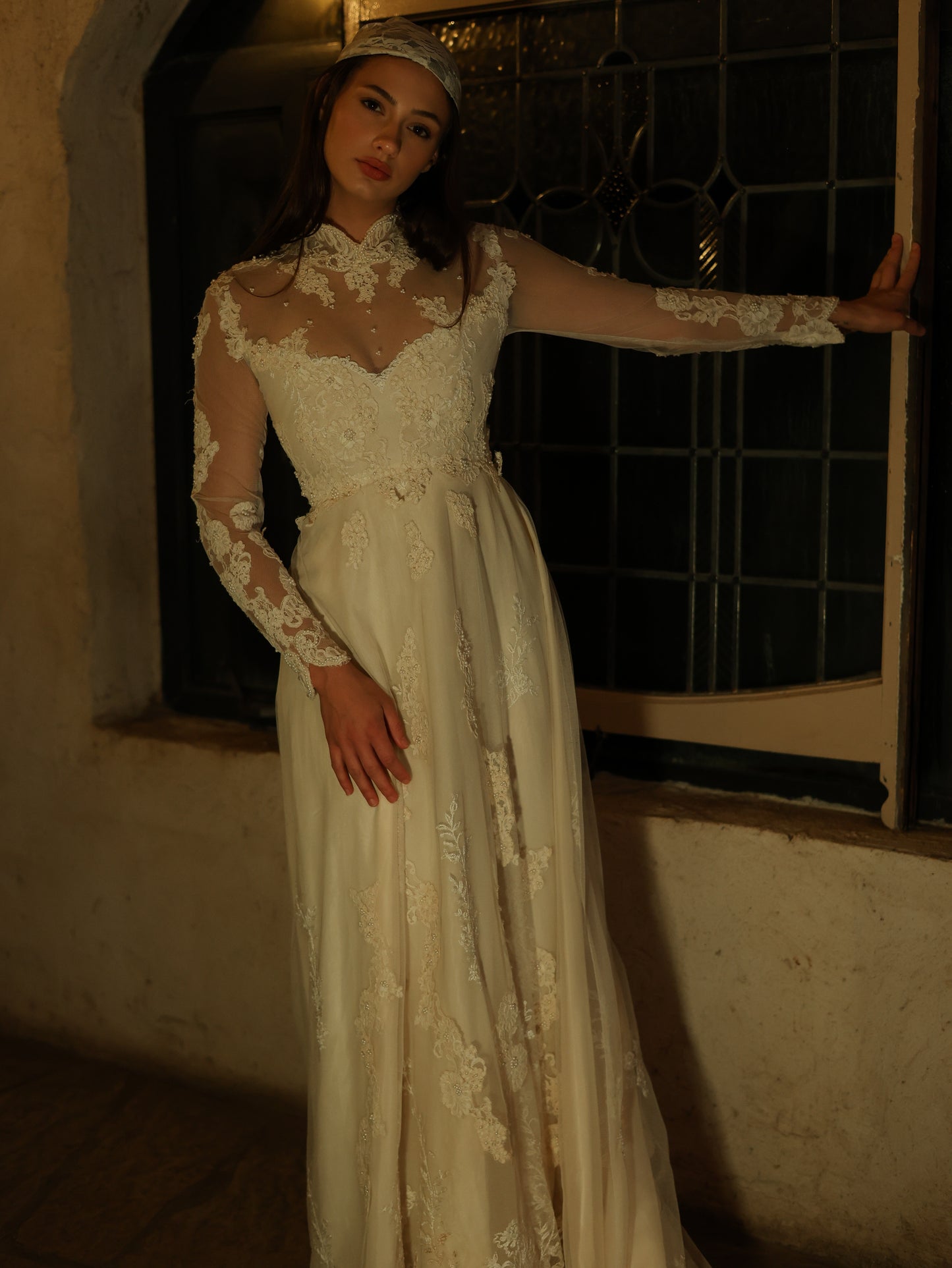 1960s Ivory Lace Wedding Dress with High Neck and Illusion Sleeves | Medieval Bridal Gown