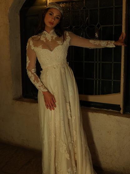 1960s Ivory Lace Wedding Dress with High Neck and Illusion Sleeves | Medieval Bridal Gown
