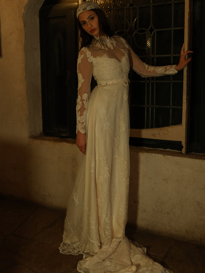 1960s Ivory Lace Wedding Dress with High Neck and Illusion Sleeves | Medieval Bridal Gown