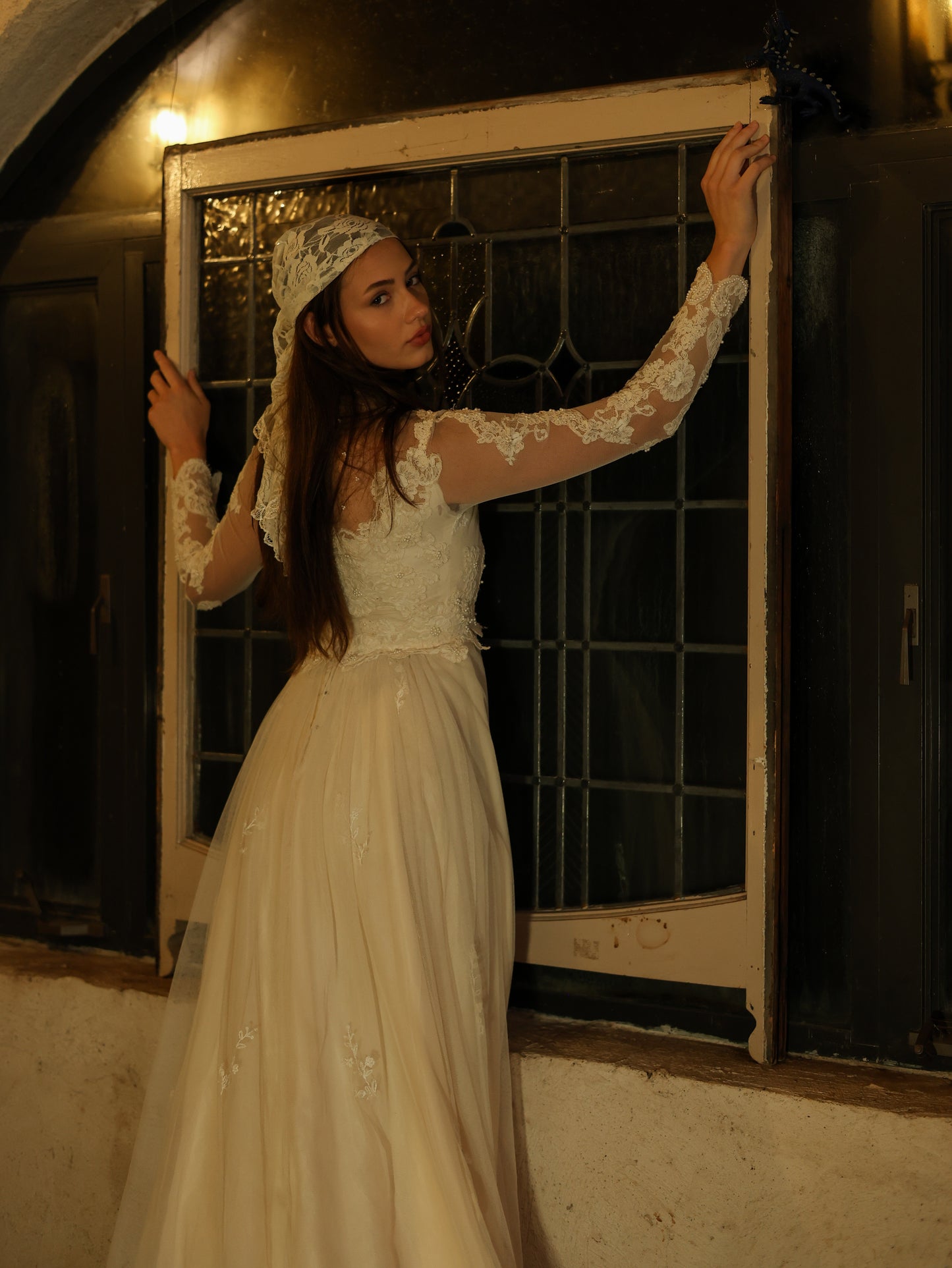1960s Ivory Lace Wedding Dress with High Neck and Illusion Sleeves | Medieval Bridal Gown