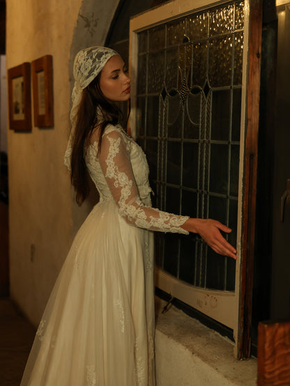 1960s Ivory Lace Wedding Dress with High Neck and Illusion Sleeves | Medieval Bridal Gown