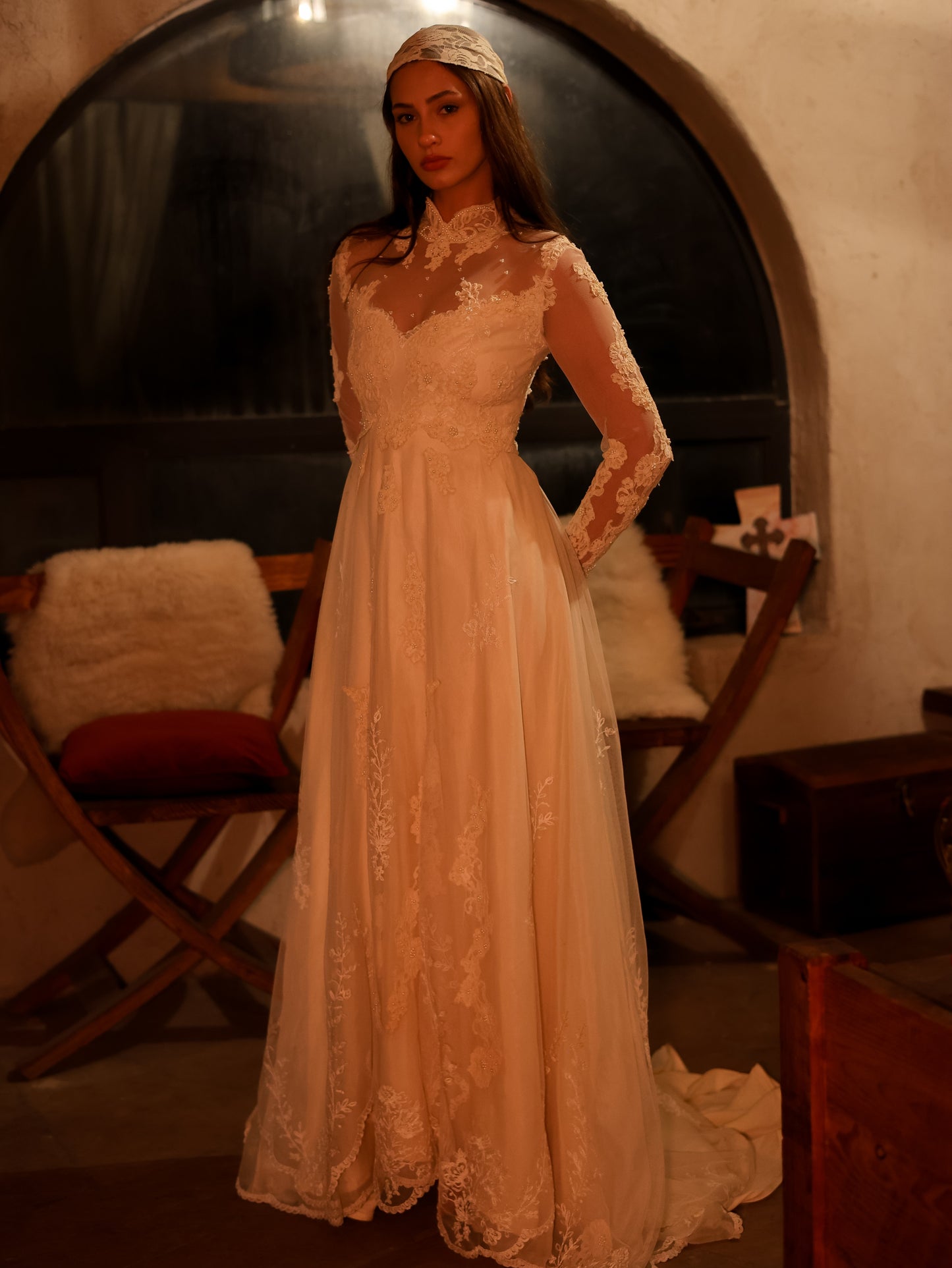 1960s Ivory Lace Wedding Dress with High Neck and Illusion Sleeves | Medieval Bridal Gown