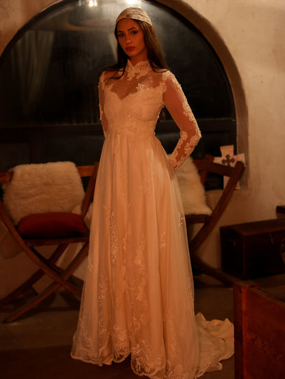 1960s Ivory Lace Wedding Dress with High Neck and Illusion Sleeves | Medieval Bridal Gown
