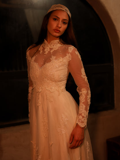 1960s Ivory Lace Wedding Dress with High Neck and Illusion Sleeves | Medieval Bridal Gown