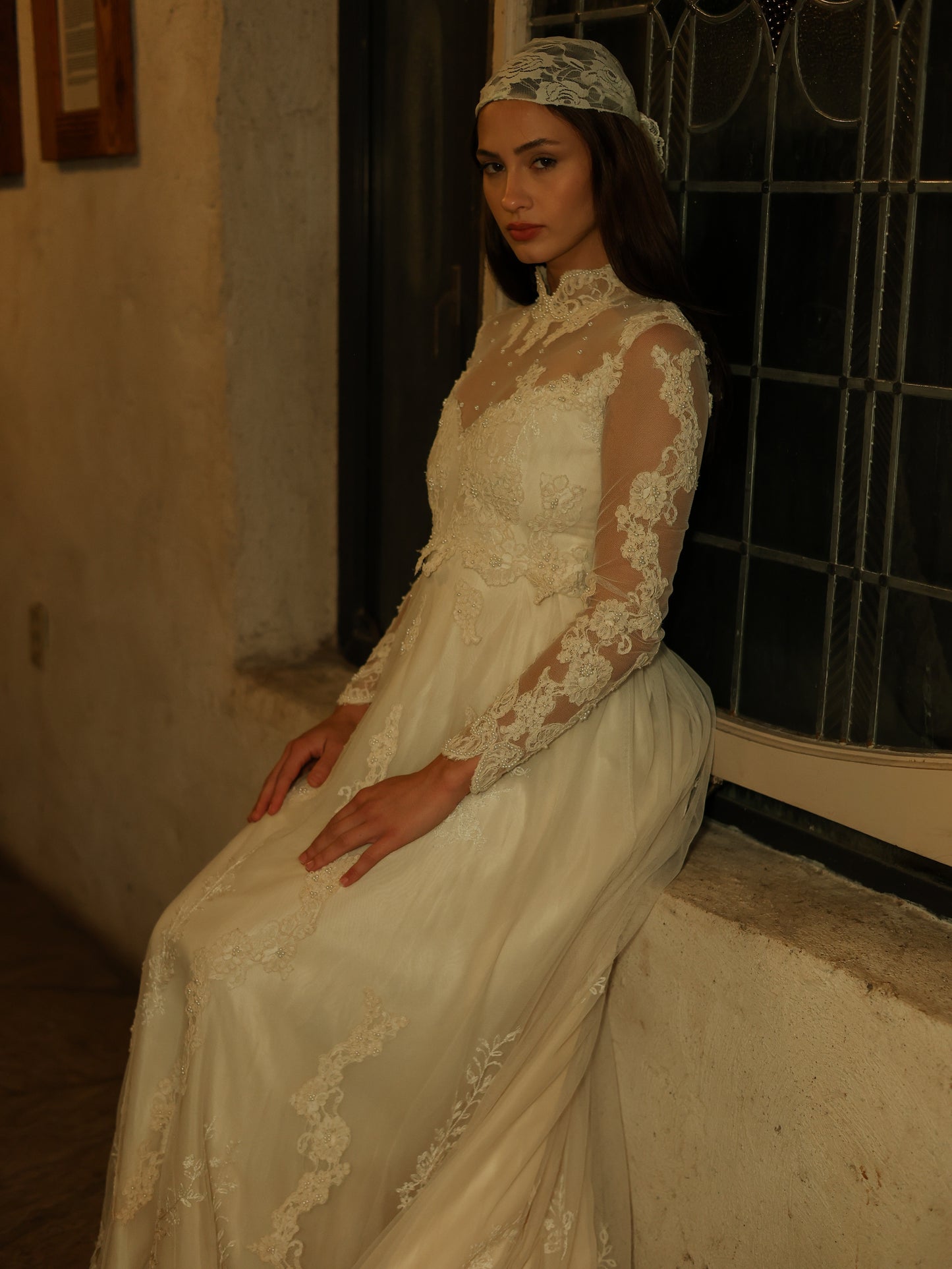 1960s Ivory Lace Wedding Dress with High Neck and Illusion Sleeves | Medieval Bridal Gown