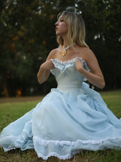 Gunne Sax Blue Swiss Dot Southern Belle Gown | Ruffle Lace Off-Shoulder Vintage Dress