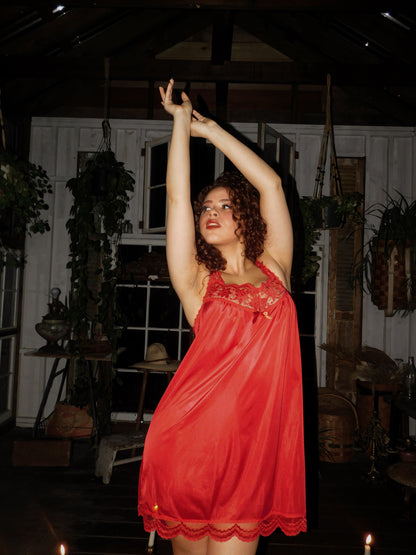 Vintage 1970s Red Lace Slip Dress Witchy Boudoir Lingerie