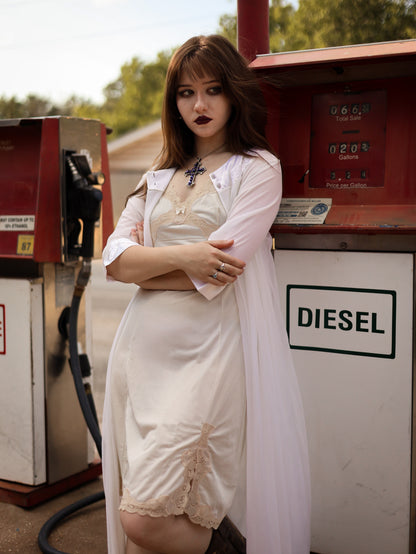 Vintage 60s Pale Champagne Slip Dress with Beige Lace Trim