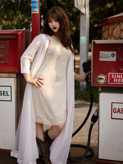 Vintage 60s Pale Champagne Slip Dress with Beige Lace Trim