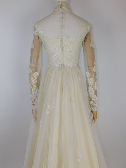 1960s Ivory Lace Wedding Dress with High Neck and Illusion Sleeves | Medieval Bridal Gown