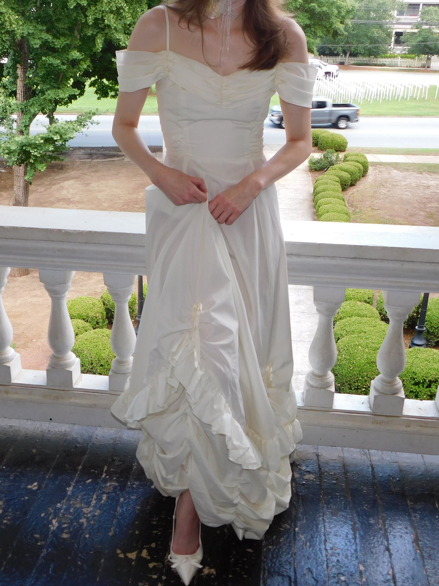 1980s Roberta Ivory Off Shoulder Sleeveless Ruffle Gown