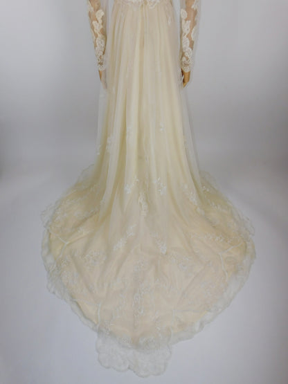 1960s Ivory Lace Wedding Dress with High Neck and Illusion Sleeves | Medieval Bridal Gown