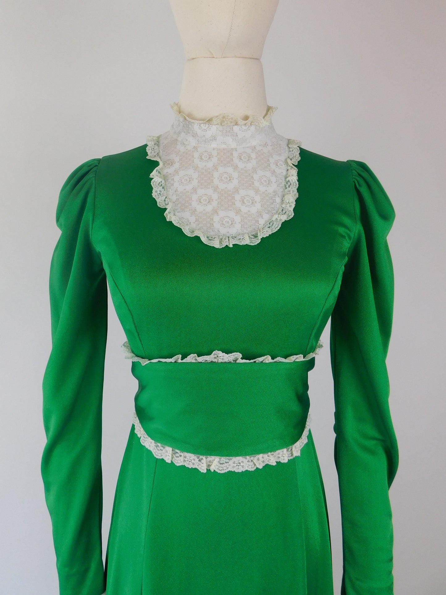 1970s Emerald Green Maxi Prairie Dress with Cream Lace Bib