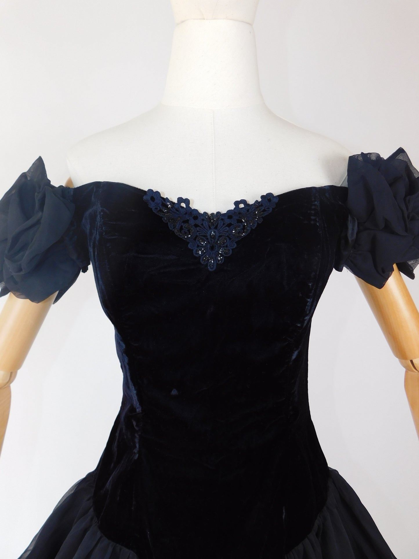 1980s Black Velvet & Chiffon Puff Sleeve Off Shoulder Dress