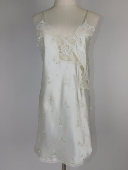 90s Liquid Satin White Floral and Lace Slip Dress