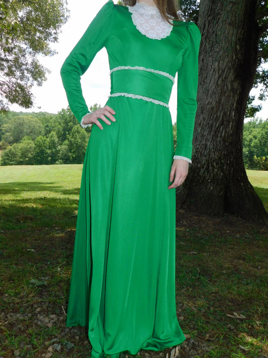 1970s Emerald Green Maxi Prairie Dress with Cream Lace Bib