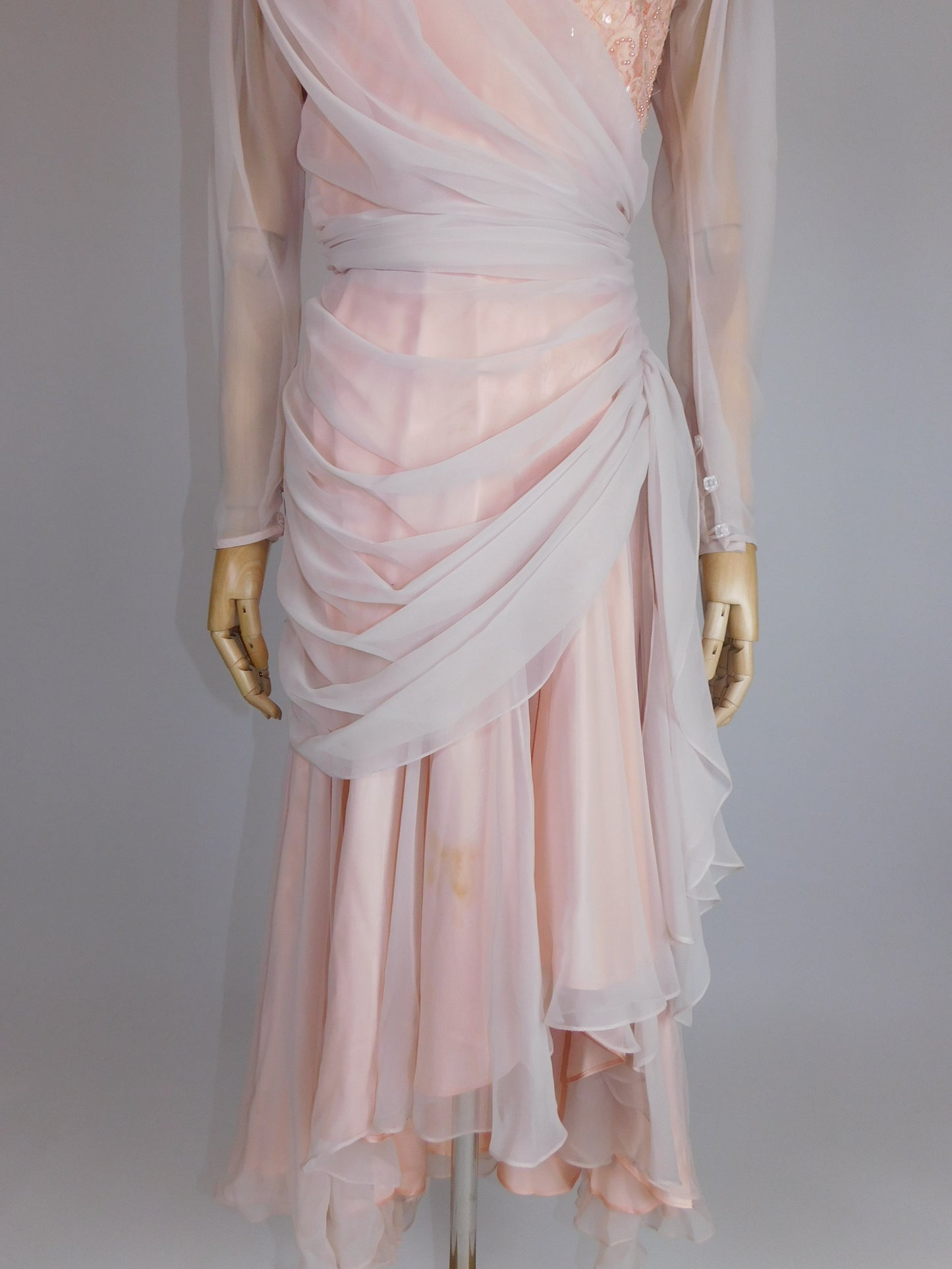 1980s Ruched Chiffon, Sequin, and Beaded Pinup Gown