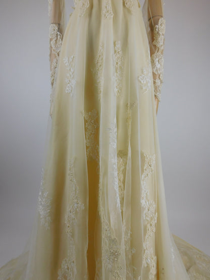1960s Ivory Lace Wedding Dress with High Neck and Illusion Sleeves | Medieval Bridal Gown