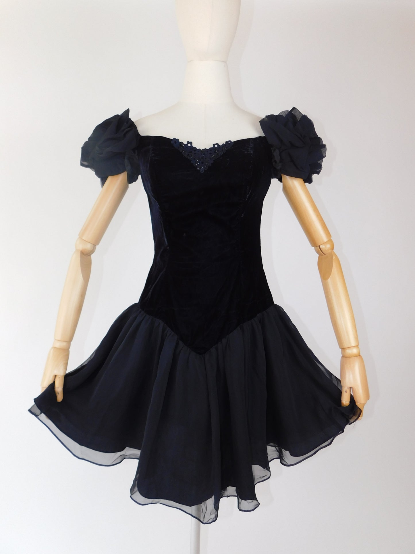 1980s Black Velvet & Chiffon Puff Sleeve Off Shoulder Dress