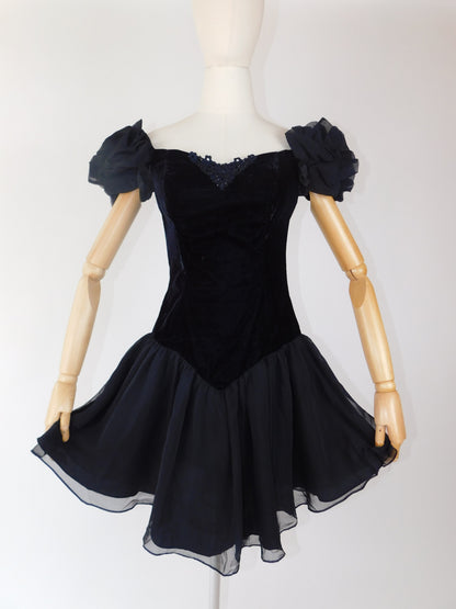 1980s Black Velvet & Chiffon Puff Sleeve Off Shoulder Dress