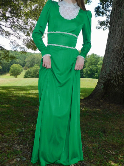 1970s Emerald Green Maxi Prairie Dress with Cream Lace Bib