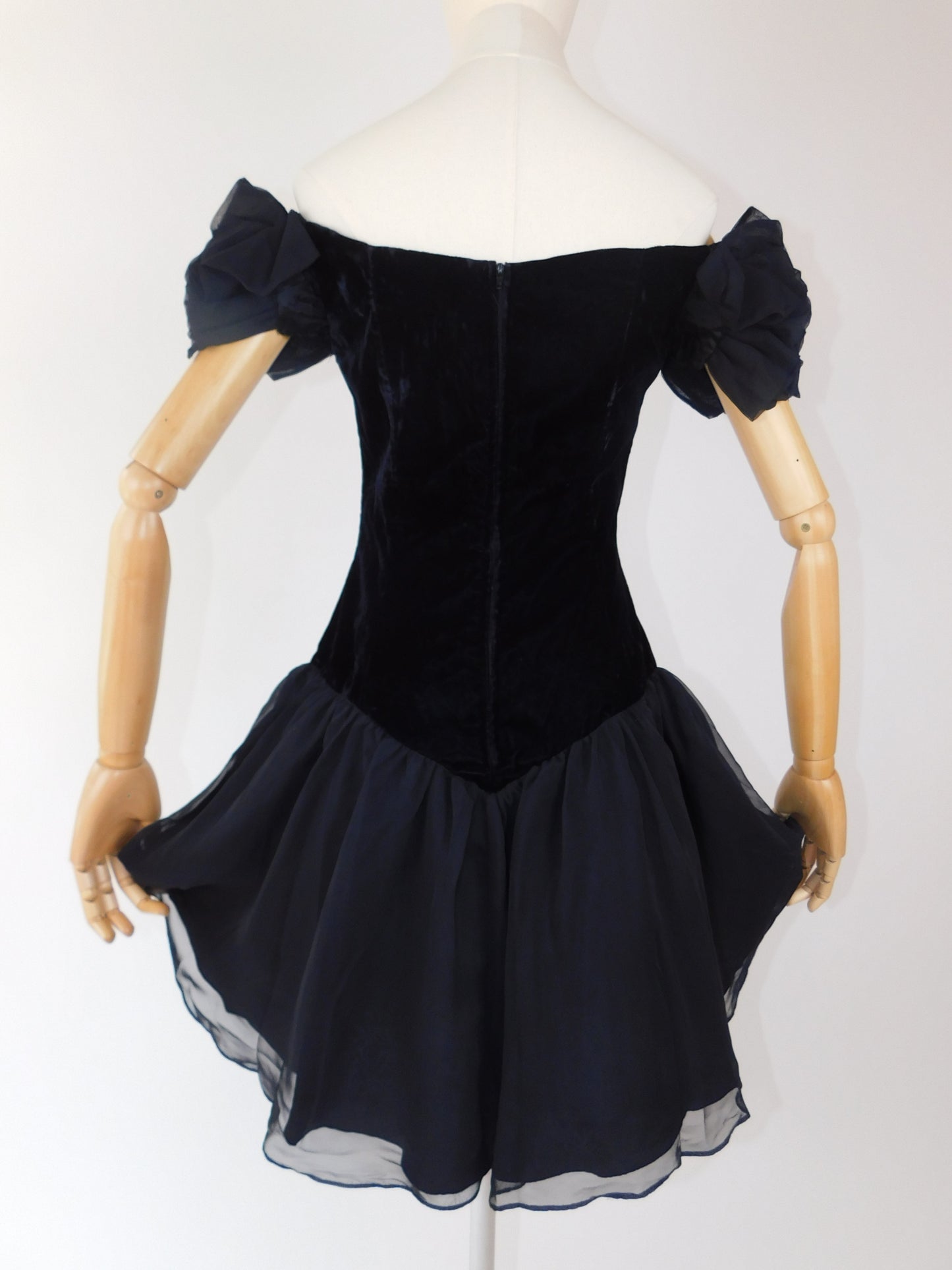 1980s Black Velvet & Chiffon Puff Sleeve Off Shoulder Dress