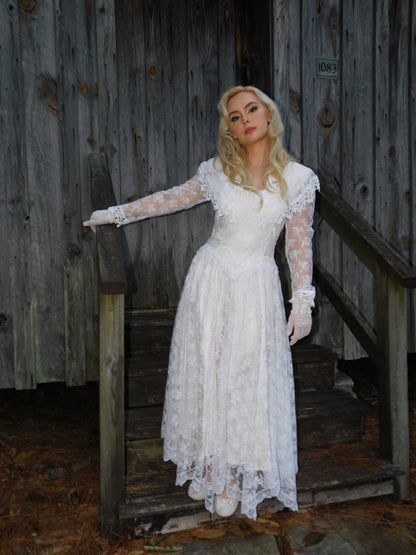 1980s Jessica McClintock Victorian Style Lace Dress
