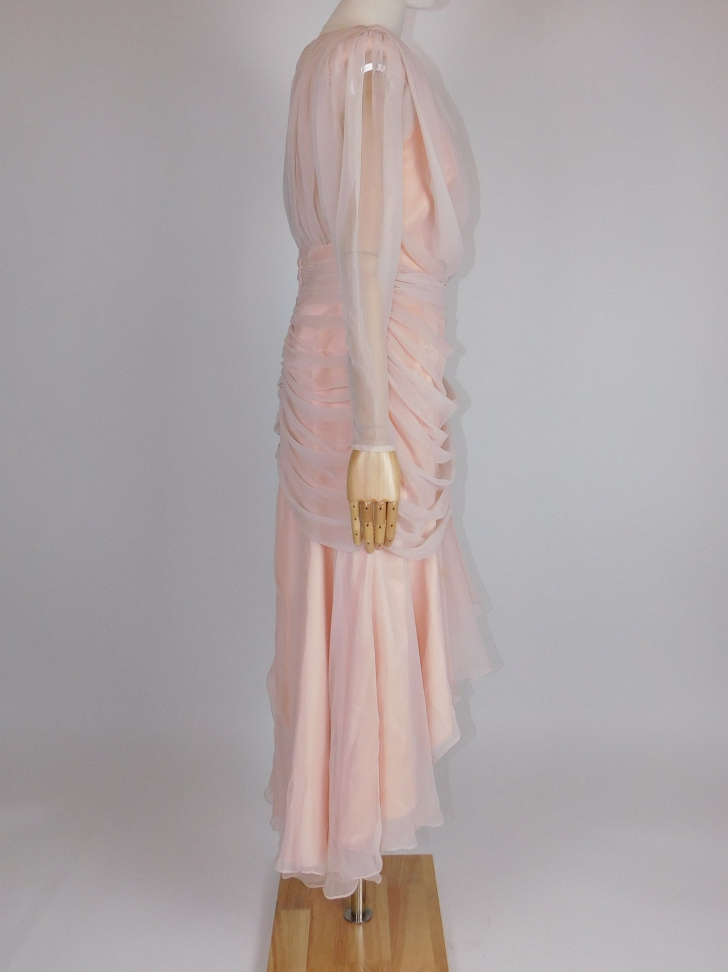 1980s Ruched Chiffon, Sequin, and Beaded Pinup Gown