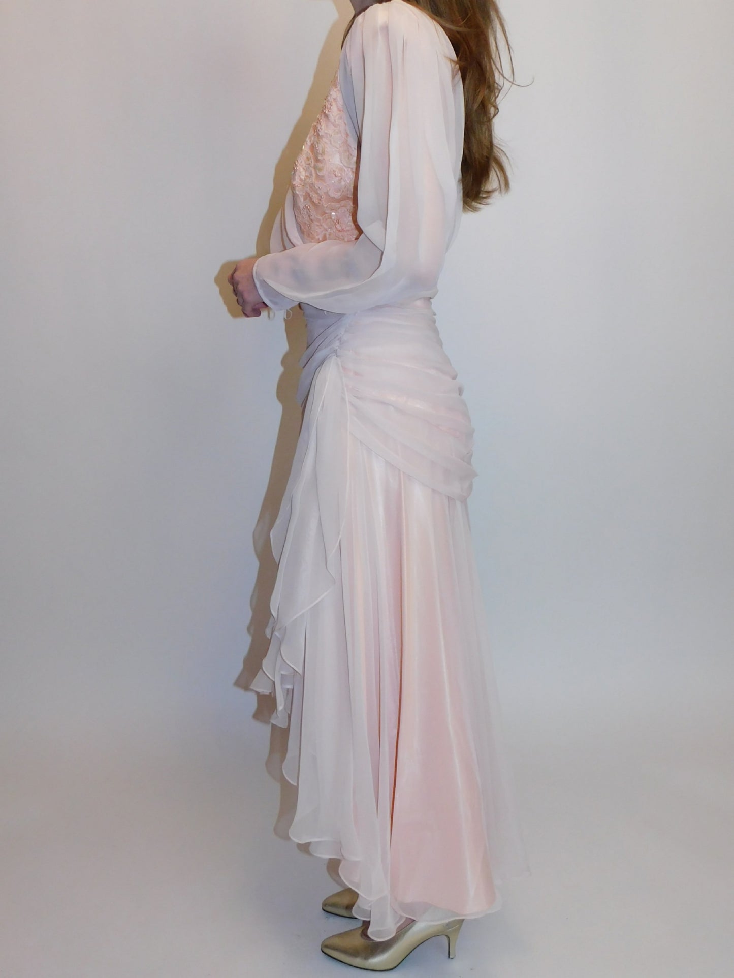 1980s Ruched Chiffon, Sequin, and Beaded Pinup Gown