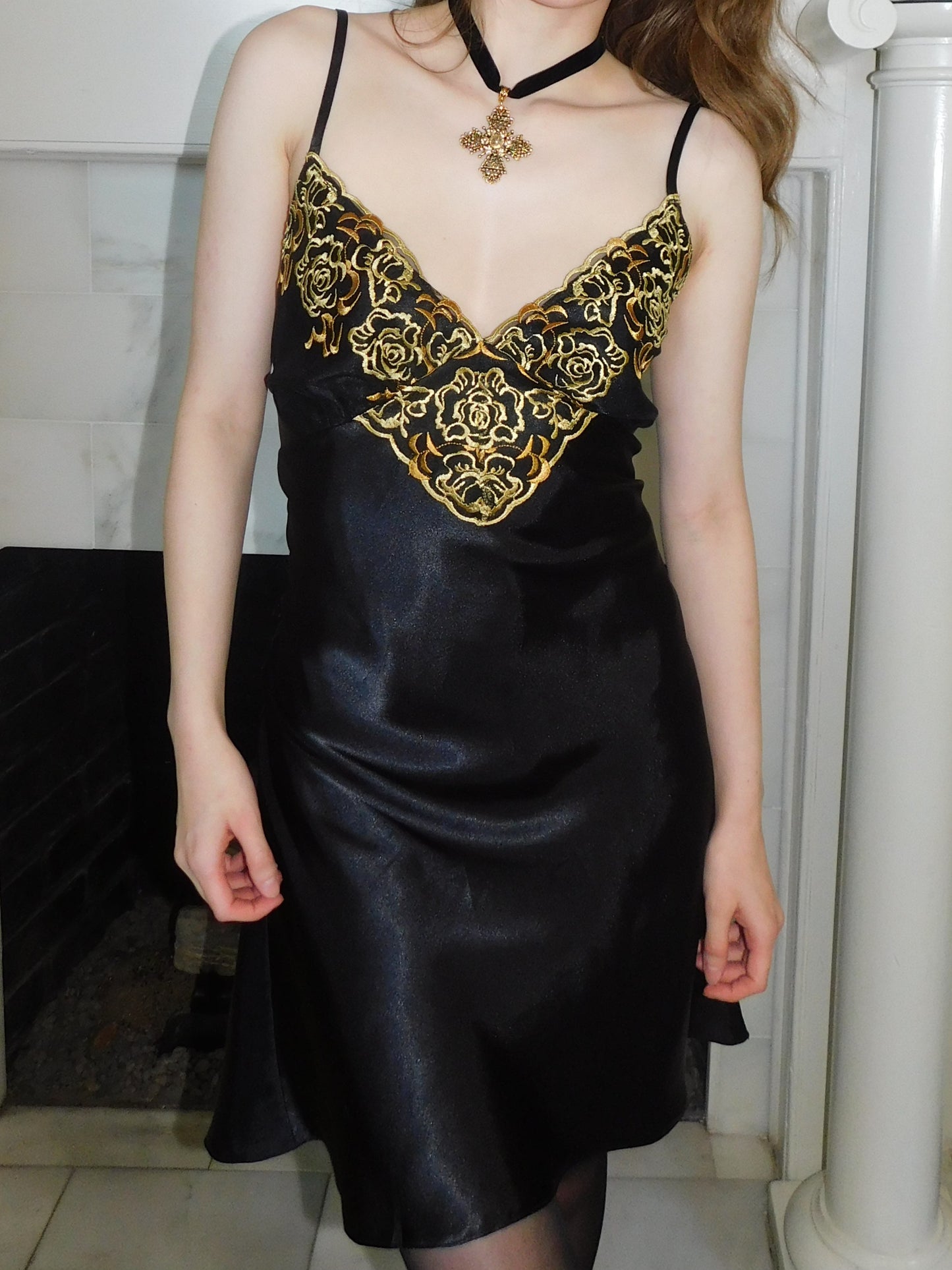 Y2K Gold Embroidered Slip Dress