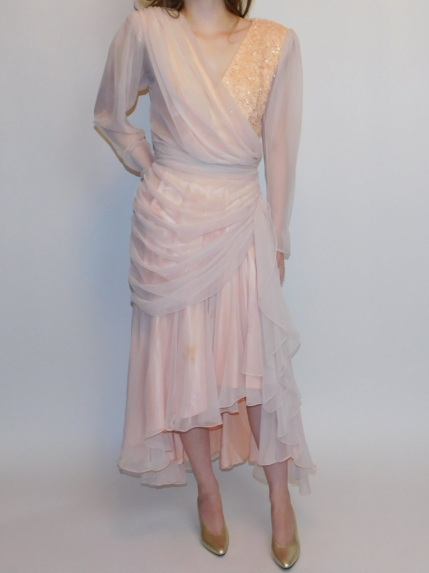 1980s Ruched Chiffon, Sequin, and Beaded Pinup Gown