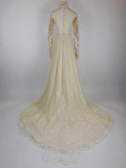 1960s Ivory Lace Wedding Dress with High Neck and Illusion Sleeves | Medieval Bridal Gown