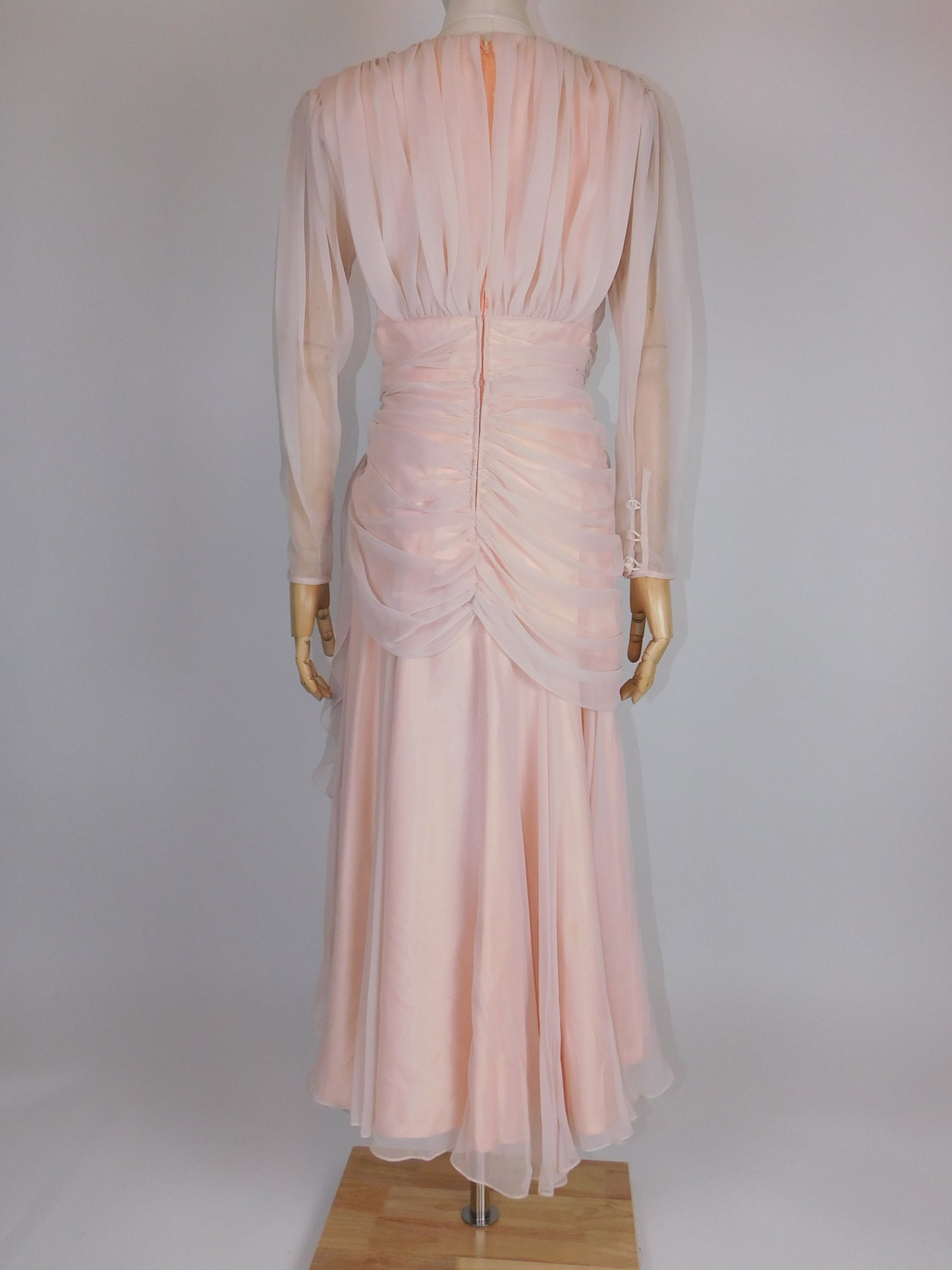 1980s Ruched Chiffon, Sequin, and Beaded Pinup Gown