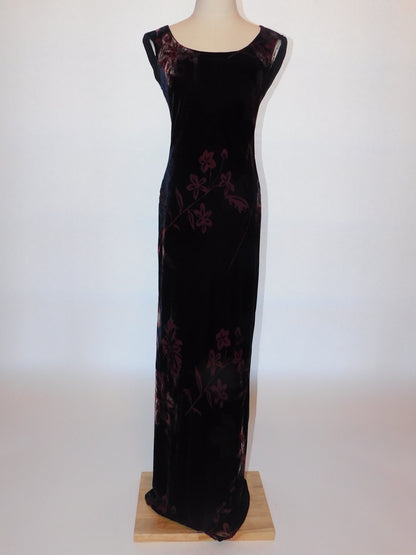 Full-length shot of black silk velvet devoré gown with merlot floral motif, fitted silhouette, cap sleeves