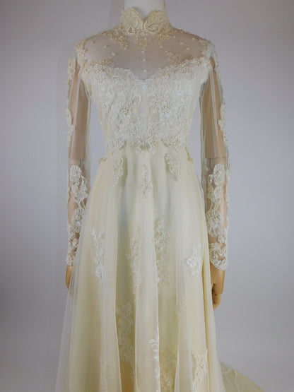 1960s Ivory Lace Wedding Dress with High Neck and Illusion Sleeves | Medieval Bridal Gown