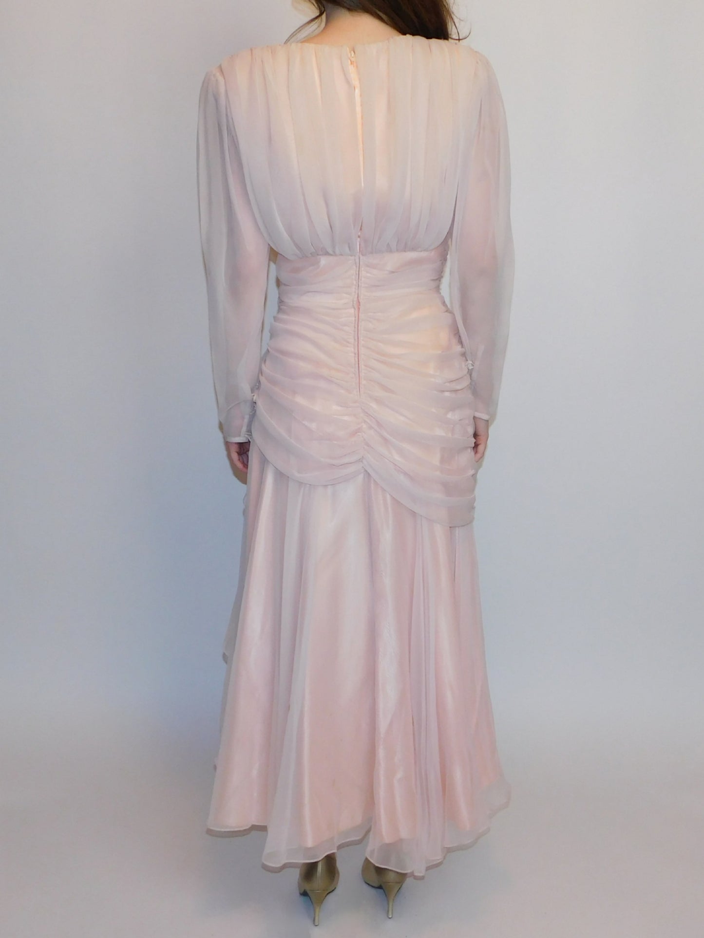 1980s Ruched Chiffon, Sequin, and Beaded Pinup Gown