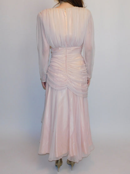 1980s Ruched Chiffon, Sequin, and Beaded Pinup Gown