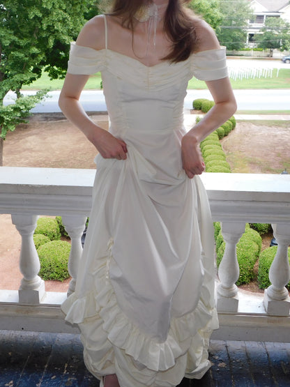 1980s Roberta Ivory Off Shoulder Sleeveless Ruffle Gown