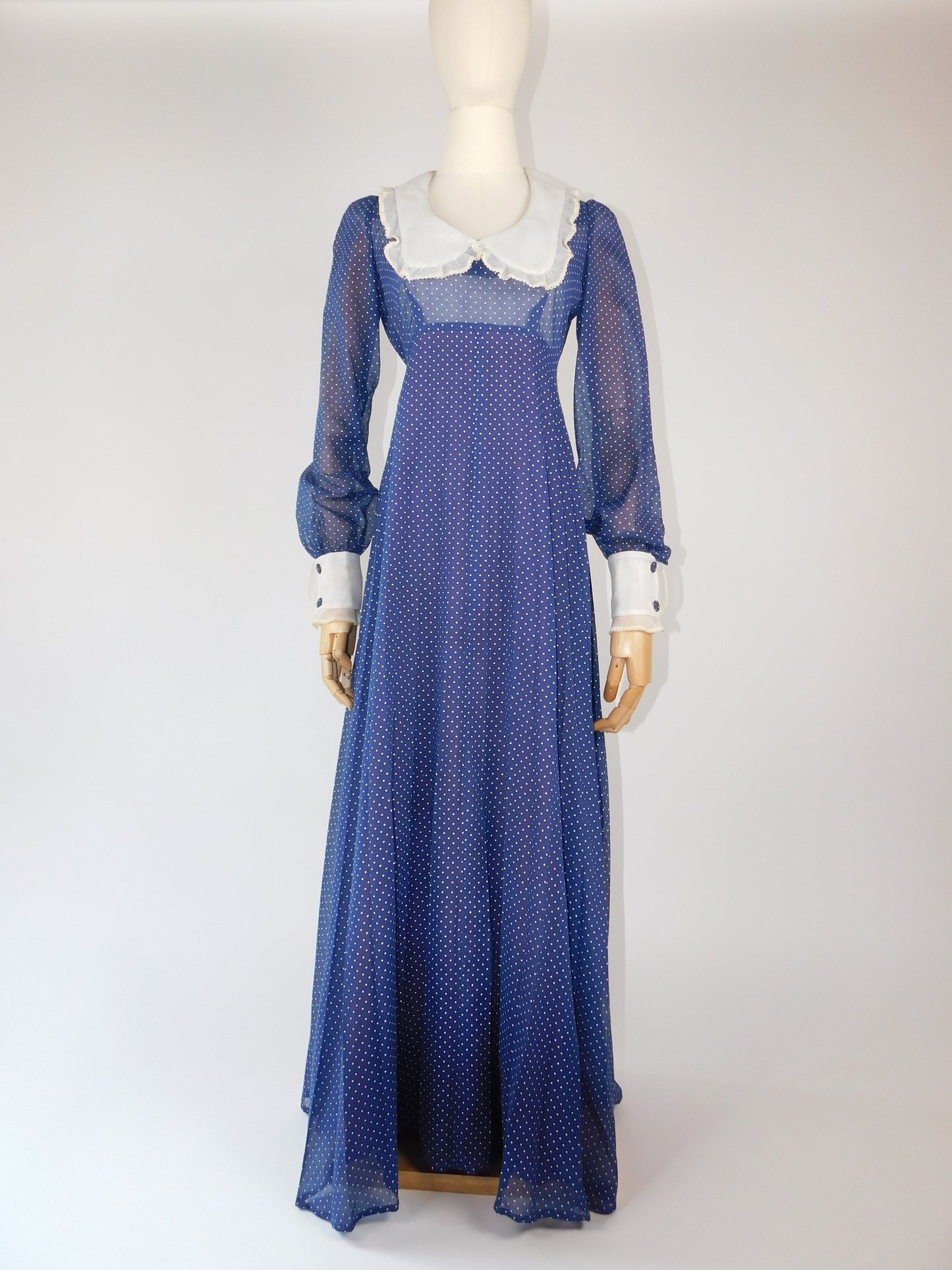 1970s Polka Dot Pleated Maxi Prairie Dress