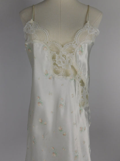 90s Liquid Satin White Floral and Lace Slip Dress