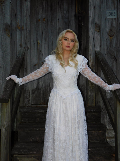 1980s Jessica McClintock Victorian Style Lace Dress