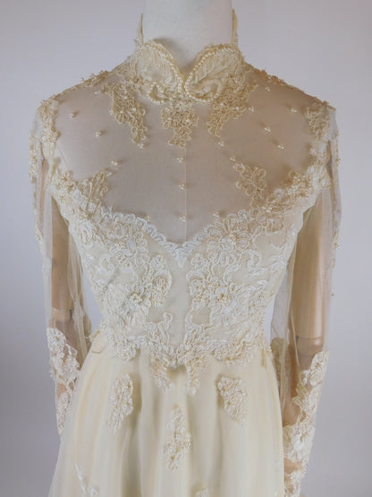 1960s Ivory Lace Wedding Dress with High Neck and Illusion Sleeves | Medieval Bridal Gown