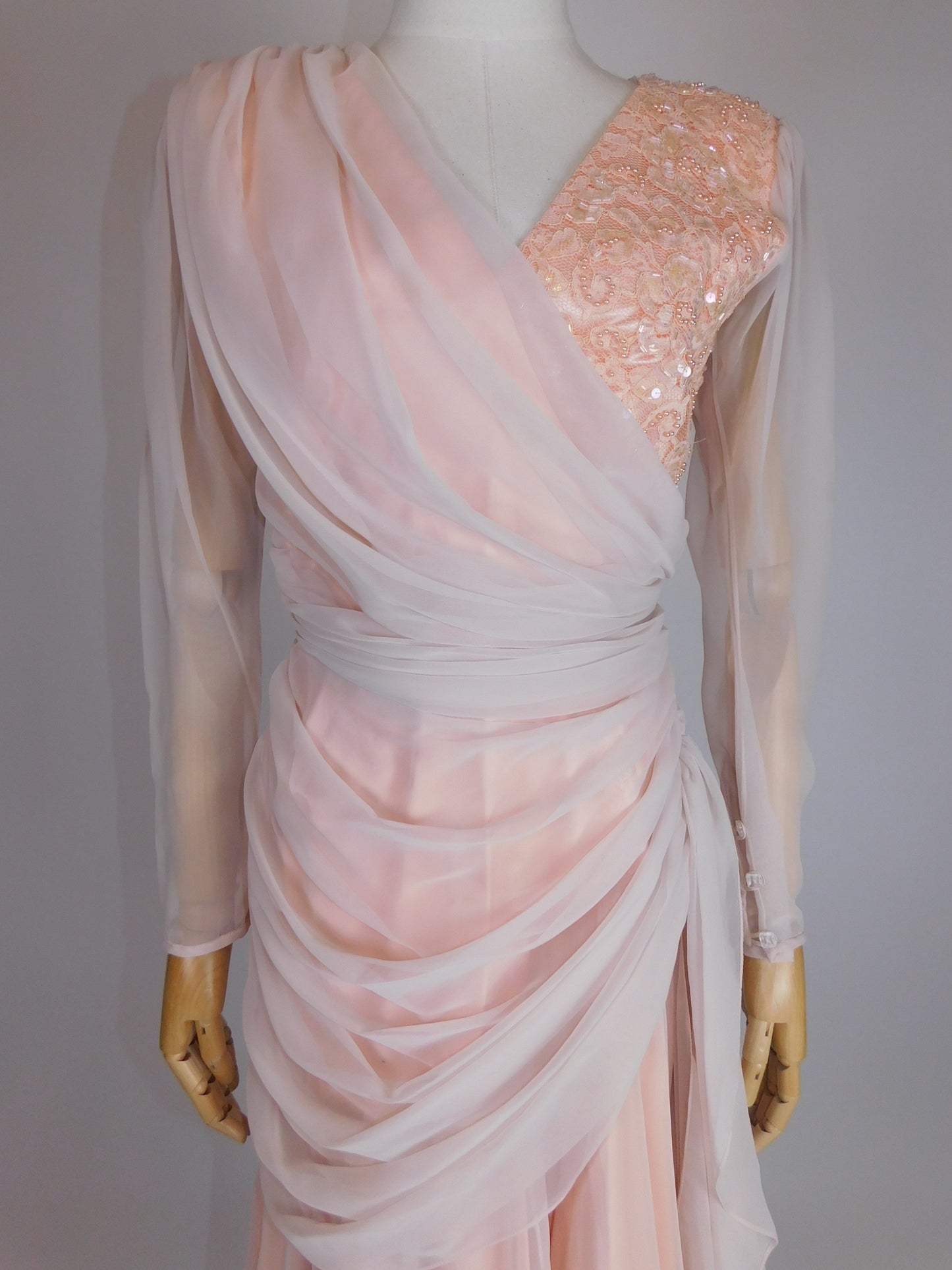 1980s Ruched Chiffon, Sequin, and Beaded Pinup Gown