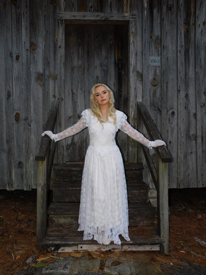 1980s Jessica McClintock Victorian Style Lace Dress