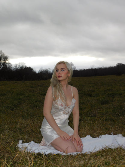 90s Liquid Satin White Floral and Lace Slip Dress