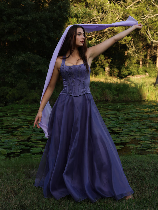 Vintage 1990s Lavender Whimsigoth Corset Halter Gown with Beaded Organza Skirt